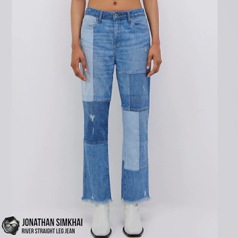 JONATHAN SIMKHAI RIVER STRAIGHT LEG DISTRESSED PATCHWORK JEANS IN INDIGO BLUE 27